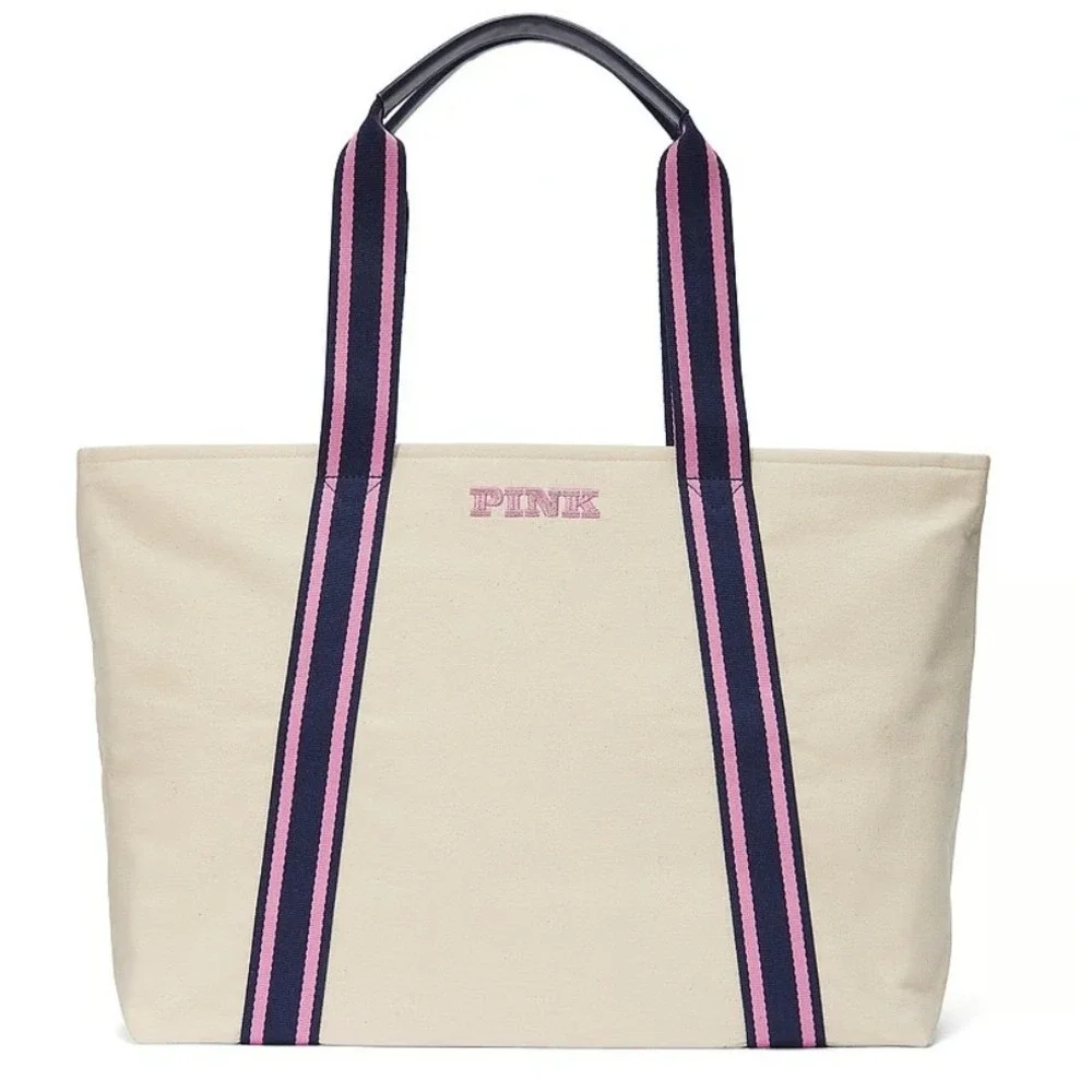 Victoria's Secret PINK Canvas Tote Bag Cream Beige Navy Pink Striped Zip Top NEW